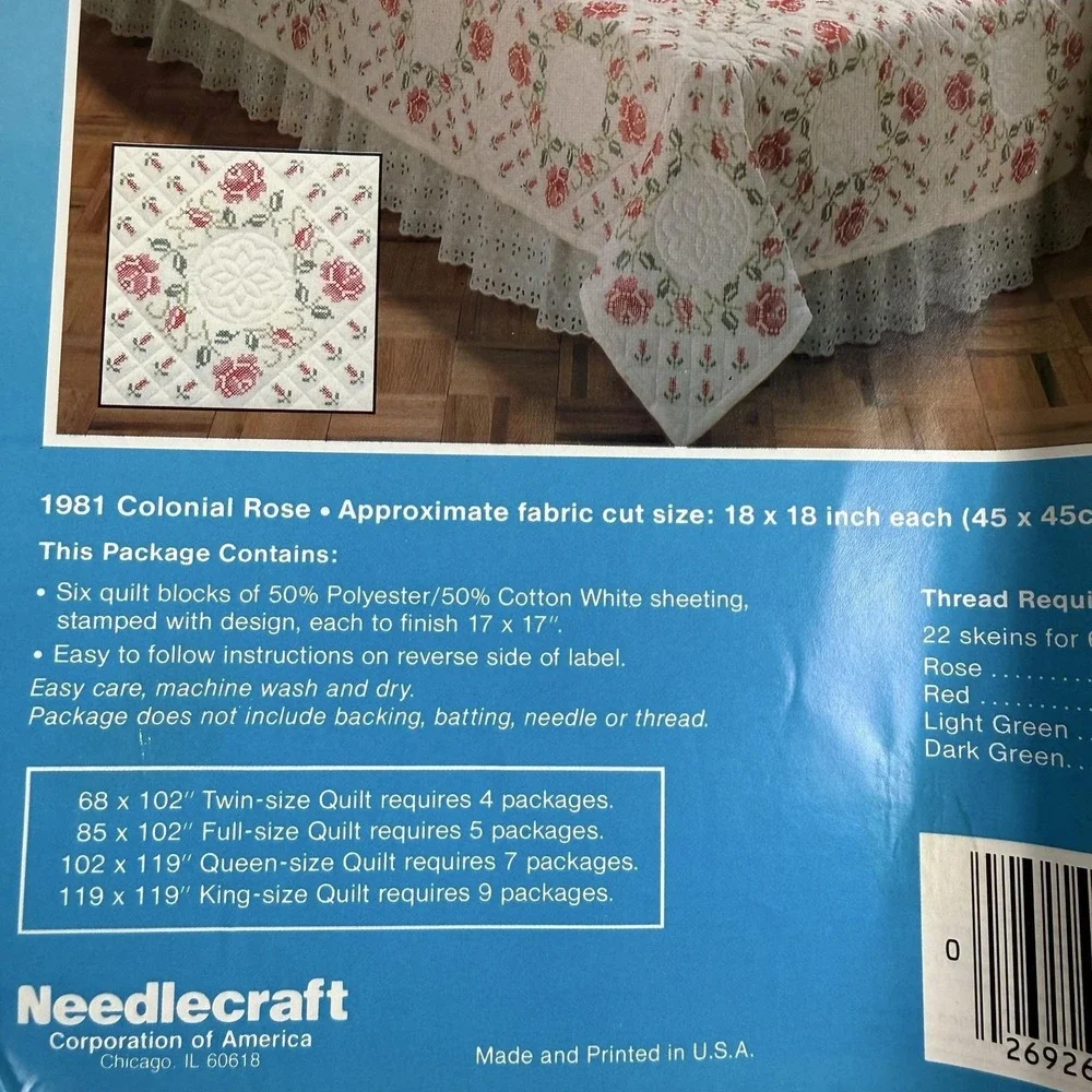 VTG WonderArt 1981 Colonial Rose Floral Quilt Blocks Cross Stitch Kit 18x18 OPEN